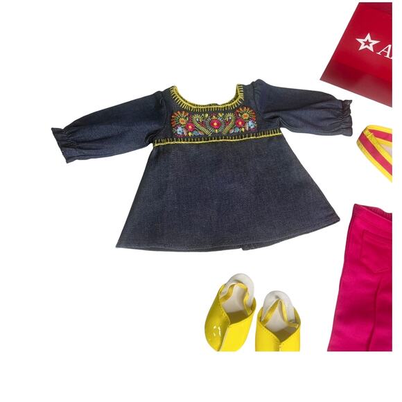 American Girl Julie Doll Tunic Outfit Denim Top Pants Clogs Belt Accessories Box - Picture 5 of 10